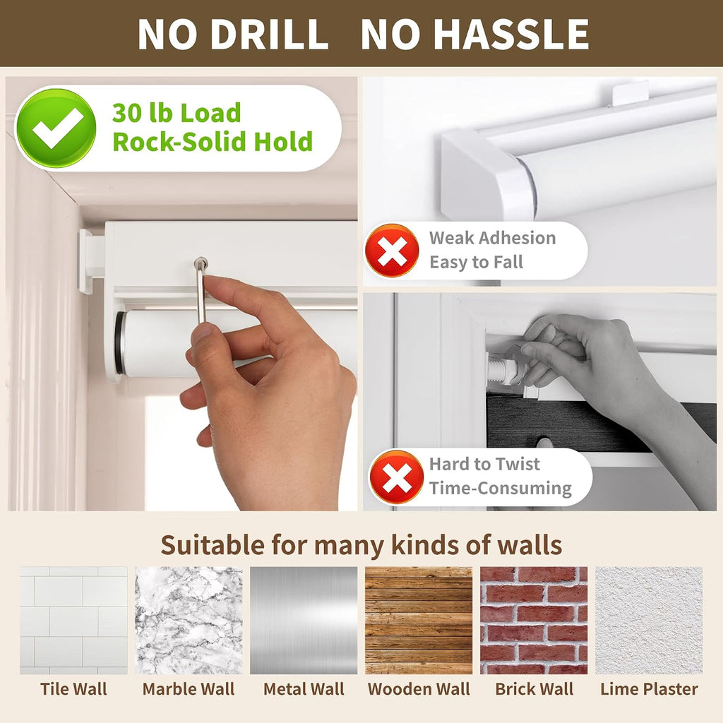 No Drill Cordless Blackout Roller Shades Screwless Waterproof Shower Window Blinds, Auto-Retraction Easy Install