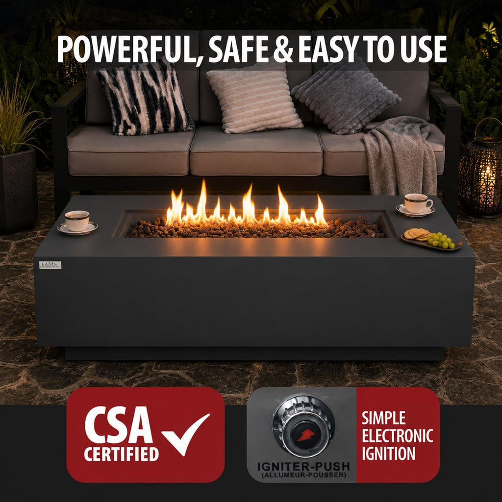 AMS 60" Rectangular Concrete GFRC Propane Gas Fire Pit Table (Dark Gray) | (Madison) Smooth Texture Fire Pit Table