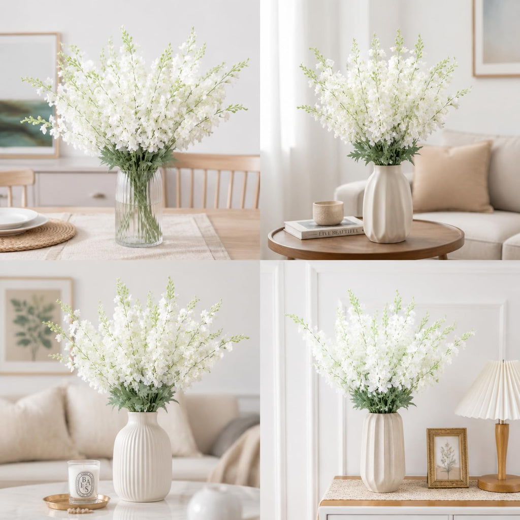 50 Pcs White Delphinium Artificial Flower Bulk, 34.25"