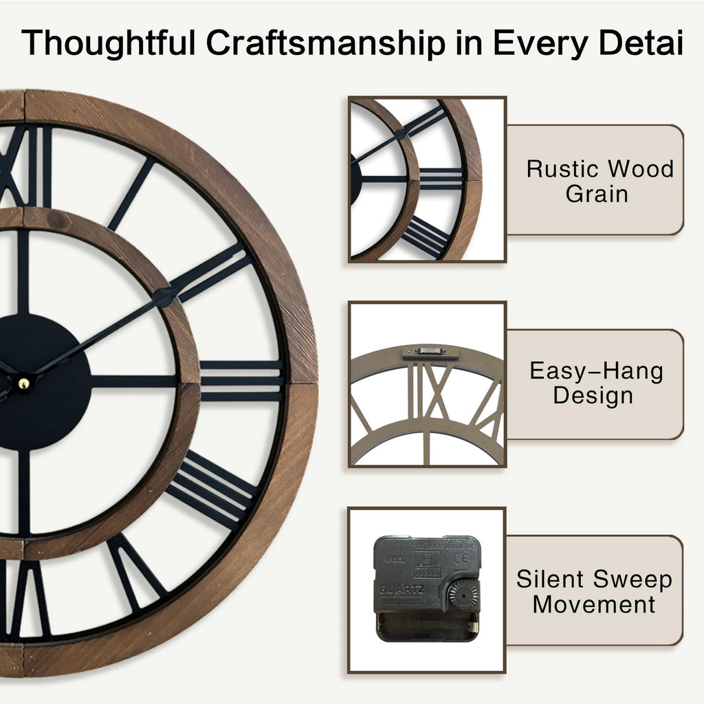 16 Inch Rustic Wall Clock Silent Non-Ticking Wooden Wall Clocks with Roman Numerals Farmhouse Decorative Clock