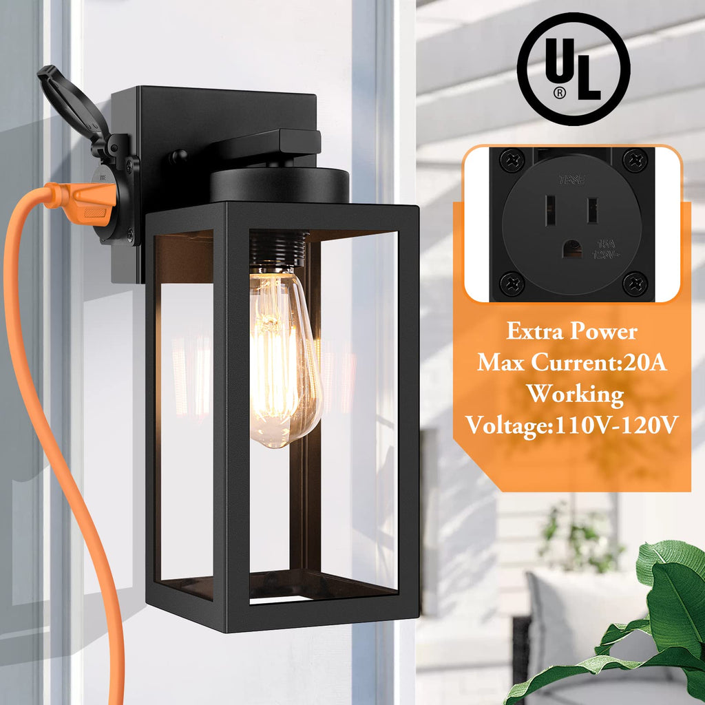 2-Pack Porch Lights Outdoor Wall Lantern, Black Outdoor Wall Light with Outlet, Waterproof Anti-Rust Exterior Light