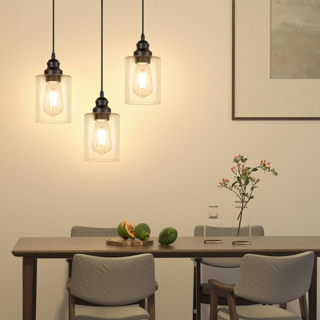 2 Pack Modern Black Pendant Lighting, Clear Glass Shade Pendant Lights Kitchen Island, Hanging Ceiling Light Fixture