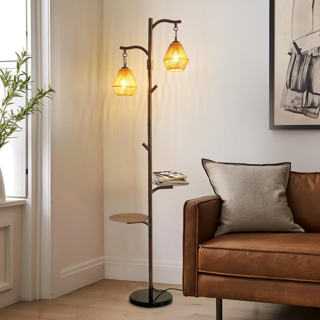 Arc Floor Lamp with Cage Shade, Rattan&Fabric Boho Floor Lamps Bedroom, Rust Color Industrial Dimmable Floor