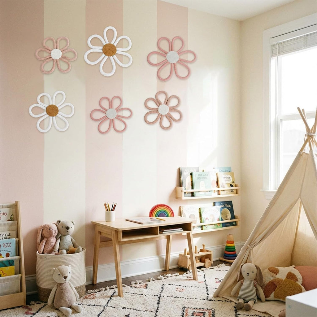 6 Pcs Boho Nursery Decor Daisy with Hooks 3 Size Daisy Flower Wall Decor Bohemian Nursery Decorations Flower Woven