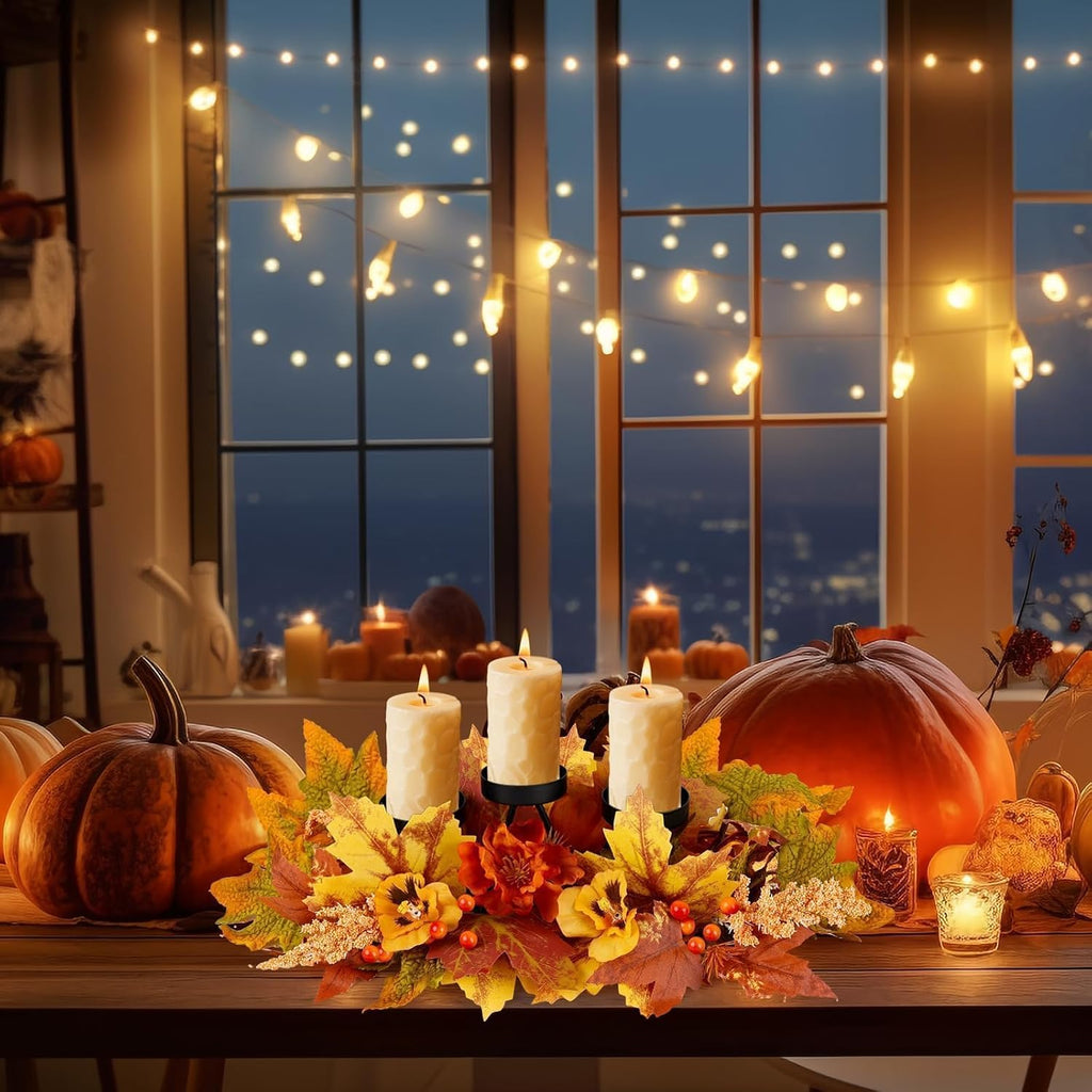 Fall Thanksgiving Centerpiece with 3 Candle Holders Harvest Table Centerpiece Decorations Autumn Maple Leaves - Set of 3