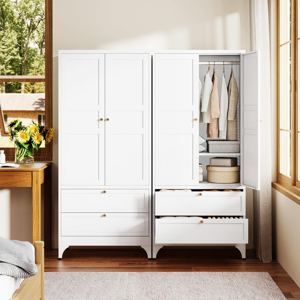 Metal Armoire Wardrobe Closet with Drawers, Clothing Storage Cabinet with Doors and Shelves, Coat Closet with Hanging