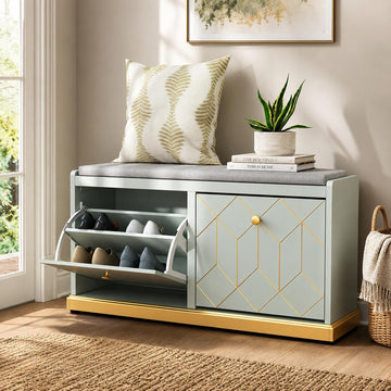 Shoe Storage Bench with 2 Flip Drawer & Padded Cushion Seat
