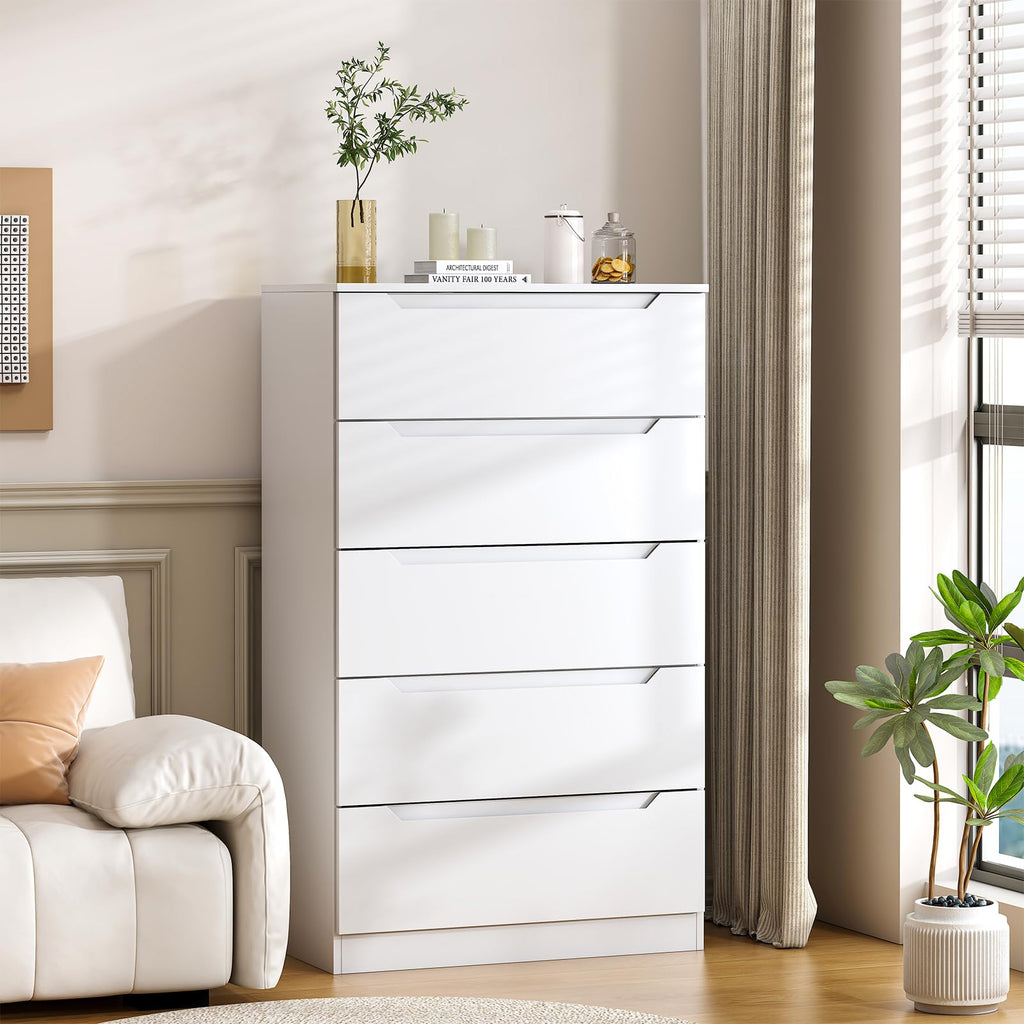 White 5 Drawer, 48" H Tall Modern Chest of Drawers, Wood Storage with Deep Drawers Hallway Entryway, White