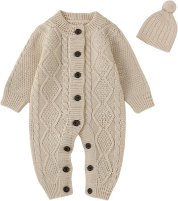 Baby Knit Sweater Romper Infant Long Sleeve Ribbed Outfit Clothes for Boys Girls with Beanie Hat Set