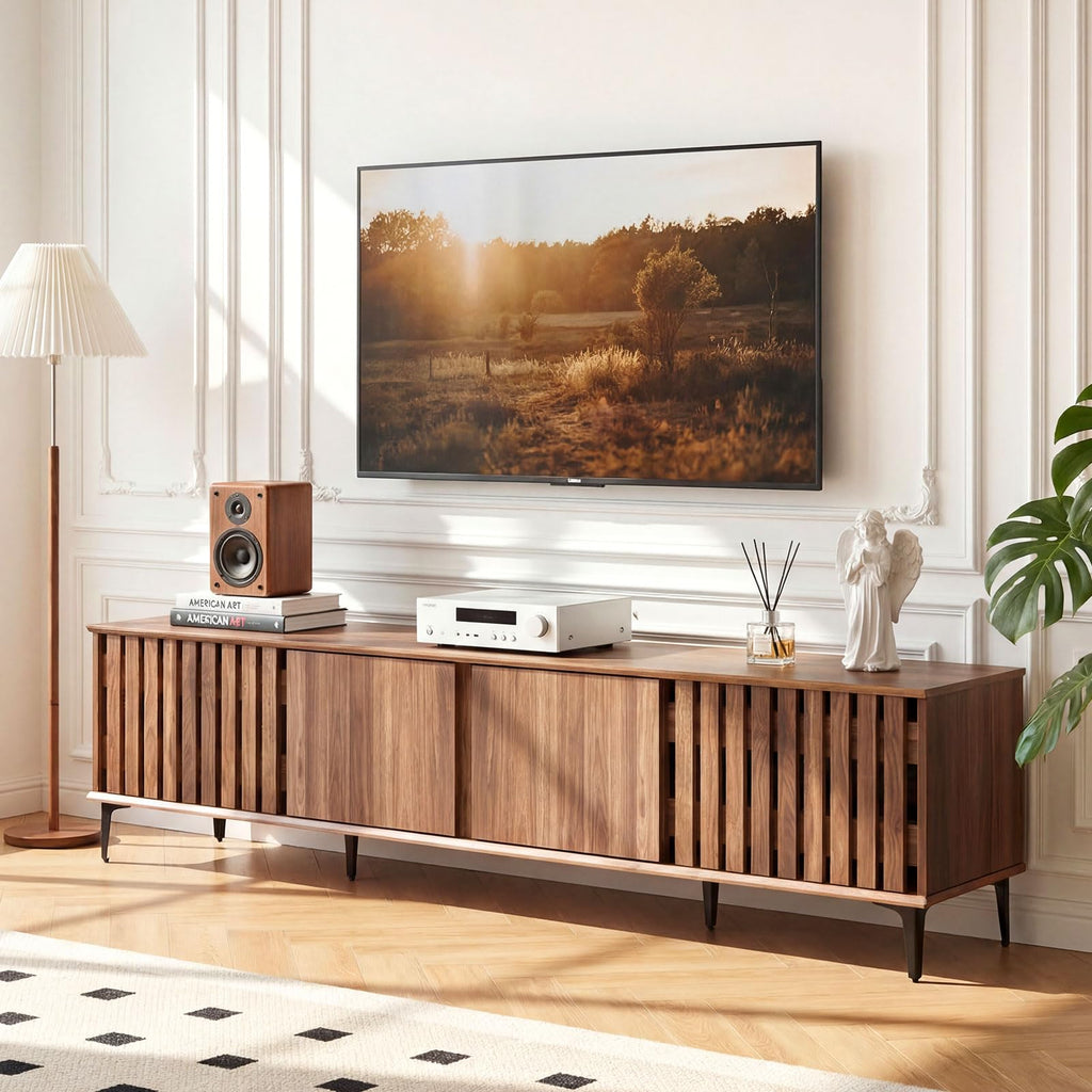 4-Door Slatted TV Stand for 80 Inches TVs, Mid Century Modern Entertainment Center with 4 Storage Cabinets, Wooden TV