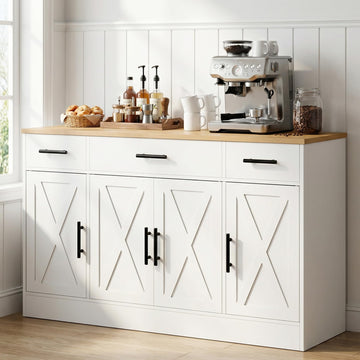Coffee Bar Cabinet with Storage, Farmhouse Buffet Cabinet with 4 Doors & Adjustable Shelves, Kitchen Sideboard