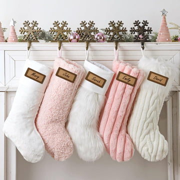 Rustic Christmas Stockings, 5 Pcs 18 Inch Luxury Peach Pink, Light Pink and White Thick Plush Faux Fur Christmas