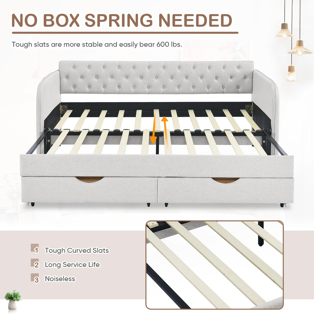 80.5" Daybed with Drawer, Modern Button Tufted Linen Day Bed with Trundle Bed Twin to King, Upholstered Daybed Frame