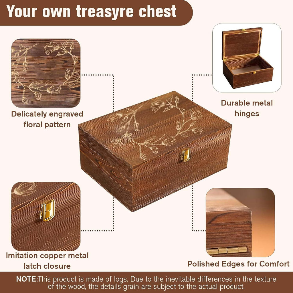 Large Keepsake Box Wooden Memory Box with Hinged Lid, Magnolia Flower Decorative Storage Box for Photos, Jewelry