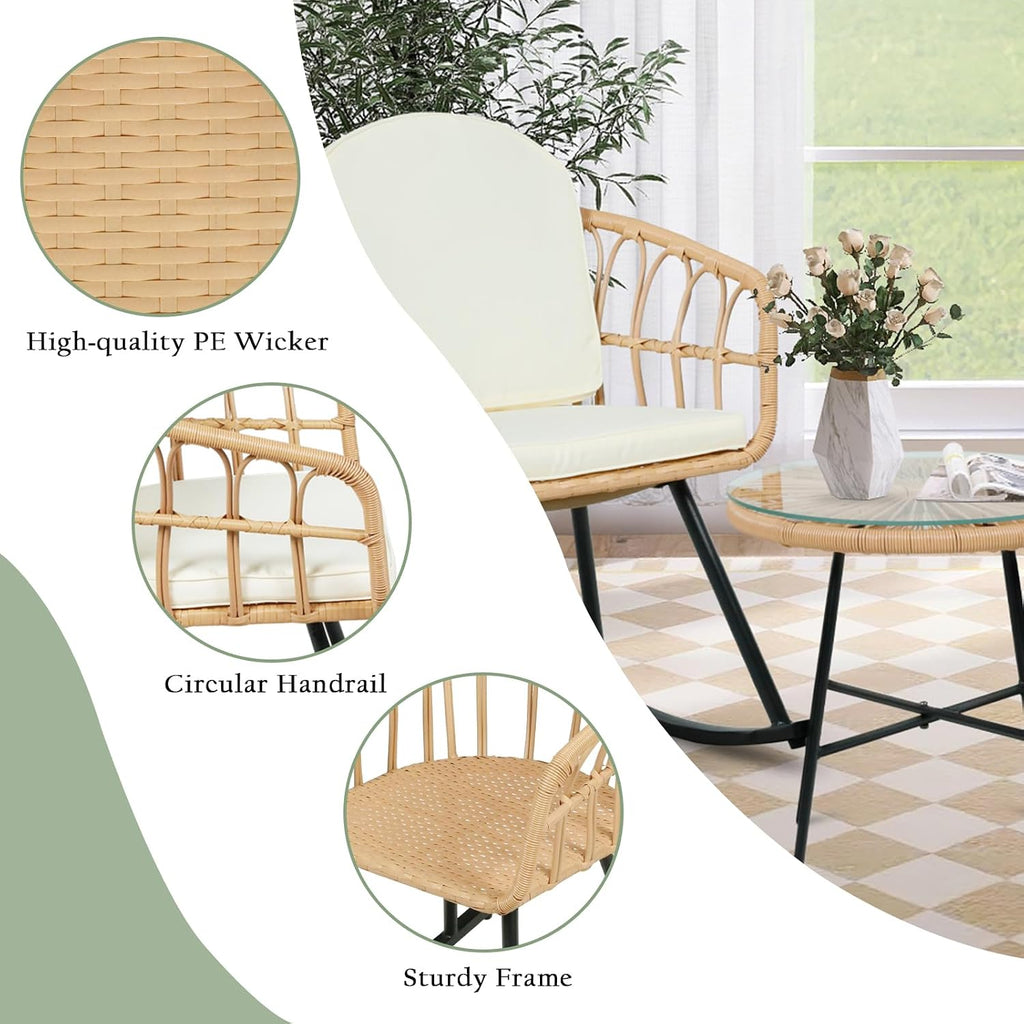 3 Pieces Rocking Chairs Set - Outdoor Wicker Rattan Rocking Chairs with Thickened Cushions, Boho Patio Furniture