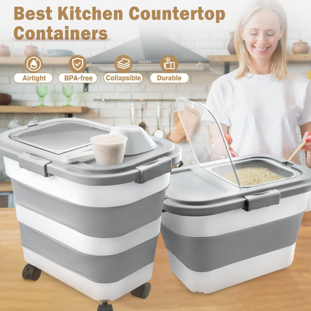 Rice Storage Container 10-40 lb, 25 lb Pet Dog Food Storage Container, Collapsible Airtight Rice Container, Rice