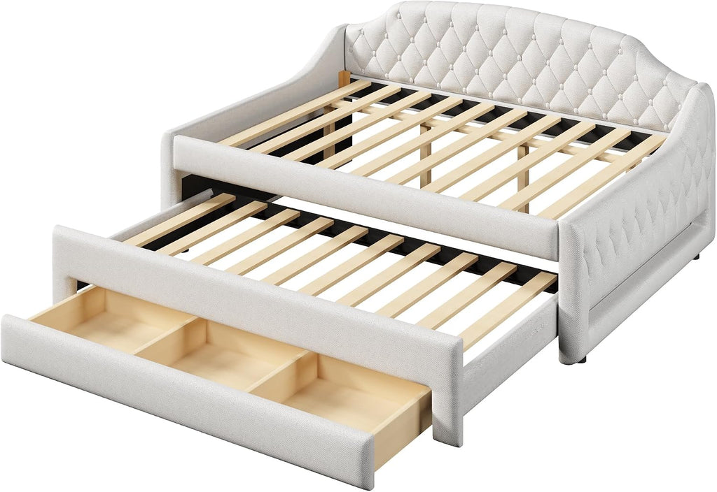 Upholstered Full Size Daybed with LED Lights, Trundle & 3 Drawers, Linen Sofa Bed for Guest Room & Small Spaces