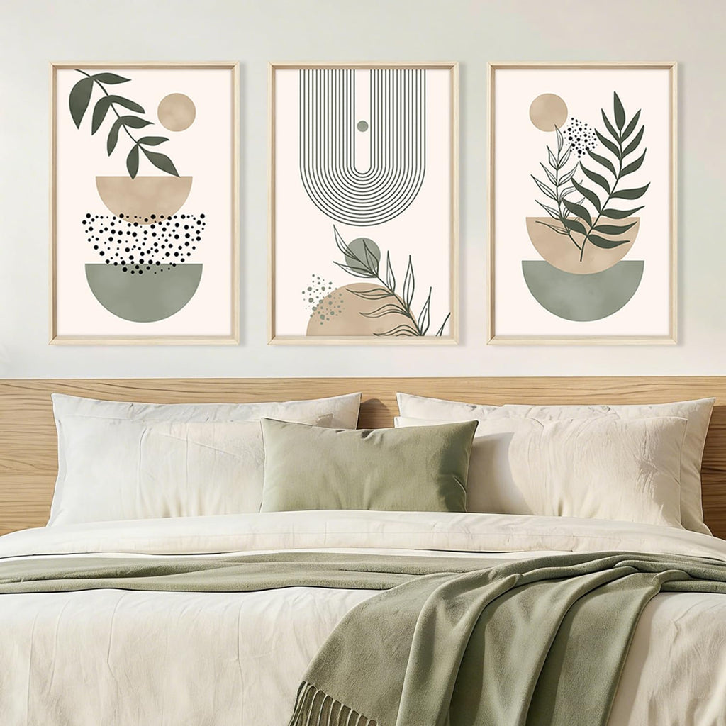 Large Boho Sage Green Framed Canvas Wall Art, Neutral Geometric Line Wall Decor, Minimalist Botanical Leaf Painting
