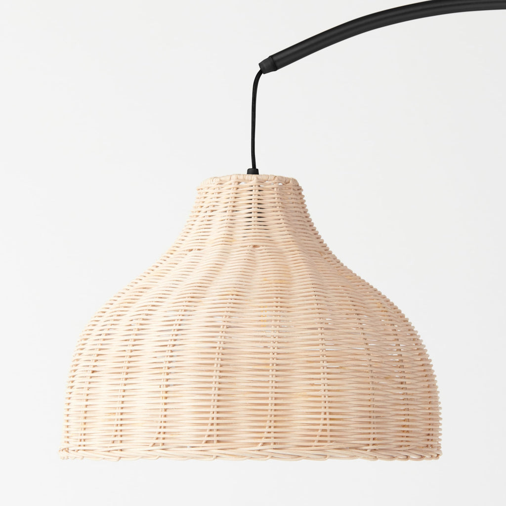 Lark Standing LED Floor Lamp - Modern Tall Corner Arc Lamp with Boho Hanging Rattan Shade - Bright Bedside Reading