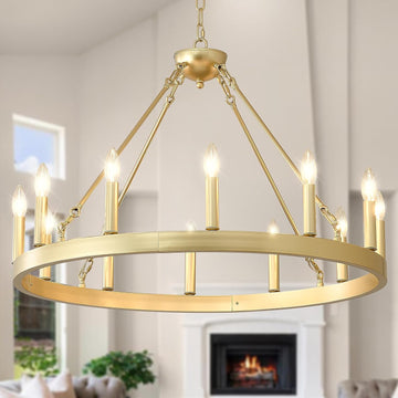 Inspired Camino Style Chandelier - Gold Wagon Wheel Chandelier Farmhouse 32-Inch, 12-Light Modern Gold Chandelier for Dining Room, Round Iron Industrial Chandeliers Light Fixture for Living Room, Foyer, Entryway, E12 A105-B0DM1YQ7PG