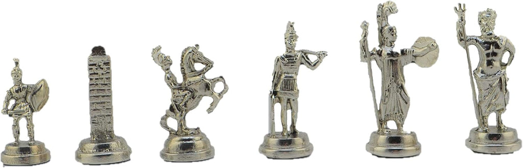 Metal Chess Set for Adults Greek Figures,Handmade Pieces and Different Design Wooden Chess Board with Storage (Walnut)