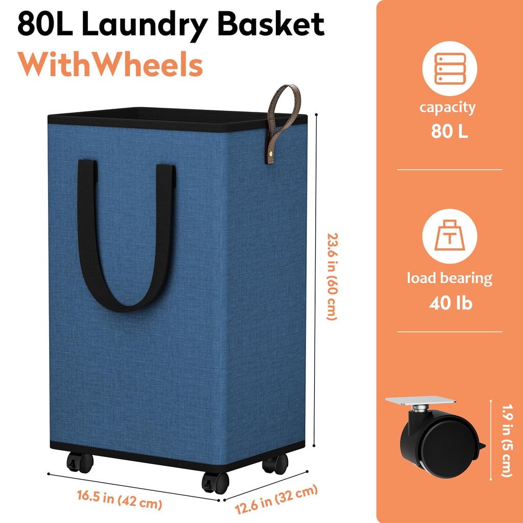 Rolling Laundry Basket with Wheels, Laundry Hamper, 80L, Navy