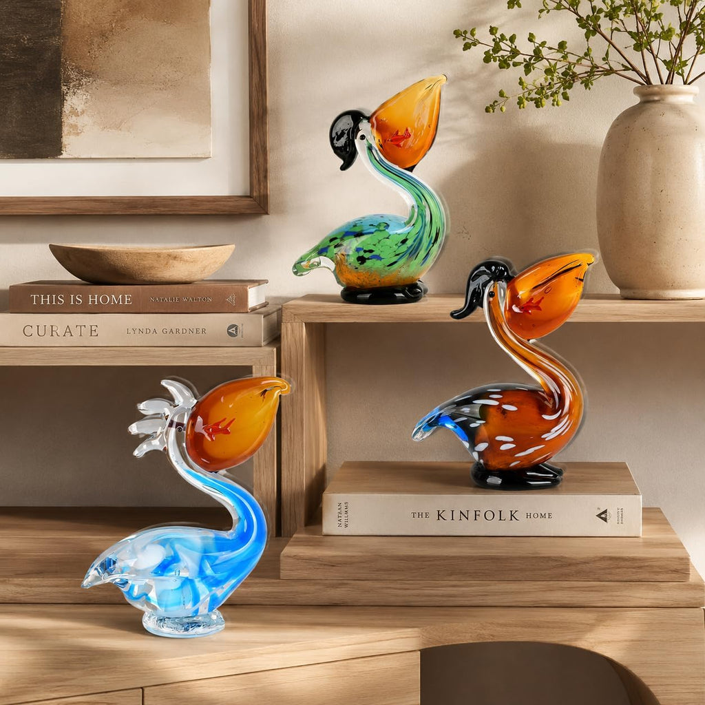 Pelican Figurine Hand Blown Glass Bird Sculpture, Pelican Statue Decor with Fish Detail Shelf Tabletop Display