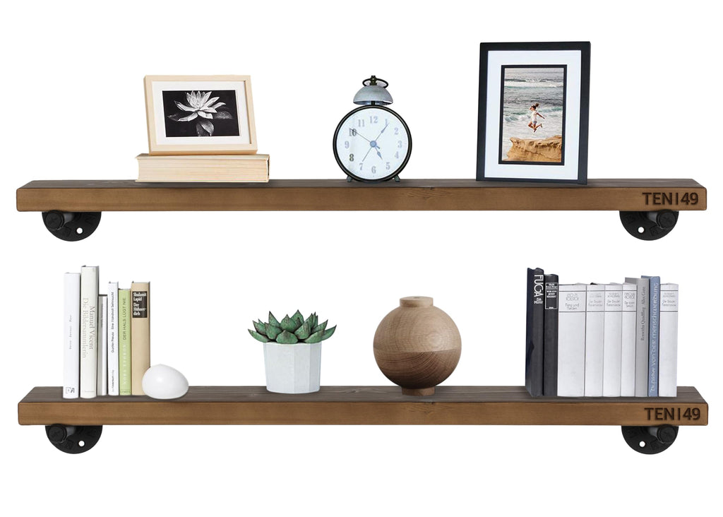 Industrial Pipe Wood Wall Shelf - 36" Espresso Real Wooden Shelving - Modern Interior Decor Floating Shelves w/Iron