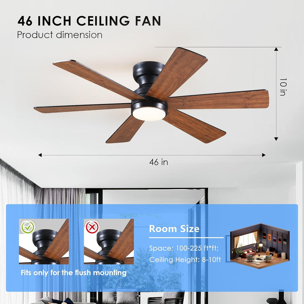 Ceiling Fans with Lights, 46" Low Profile Ceiling Fan with Light and Remote Control, Flush Mount, Reversible