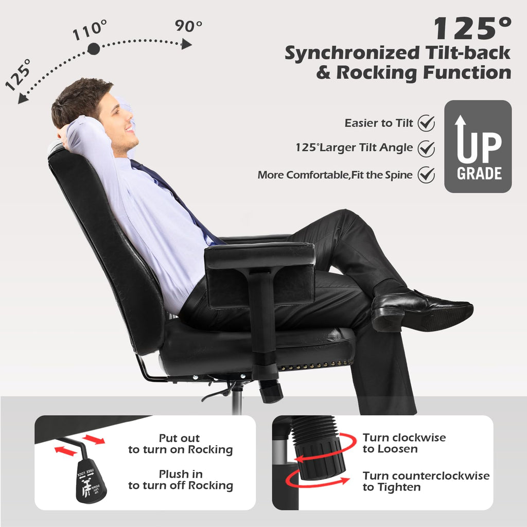 Ergonomic Executive Office Chair with Wheels and Arms, Tufted Back & Nailhead Trim, Home Office Desk Chairs, Faux