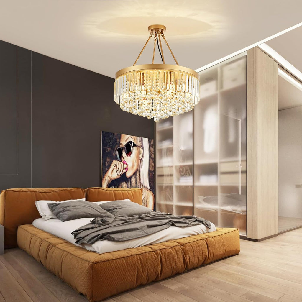 9-Light Gold Crystal Chandelier Contemporary 22'' Modern Semi Flush Mount Crystal Hanging Light Sparkling Decoration