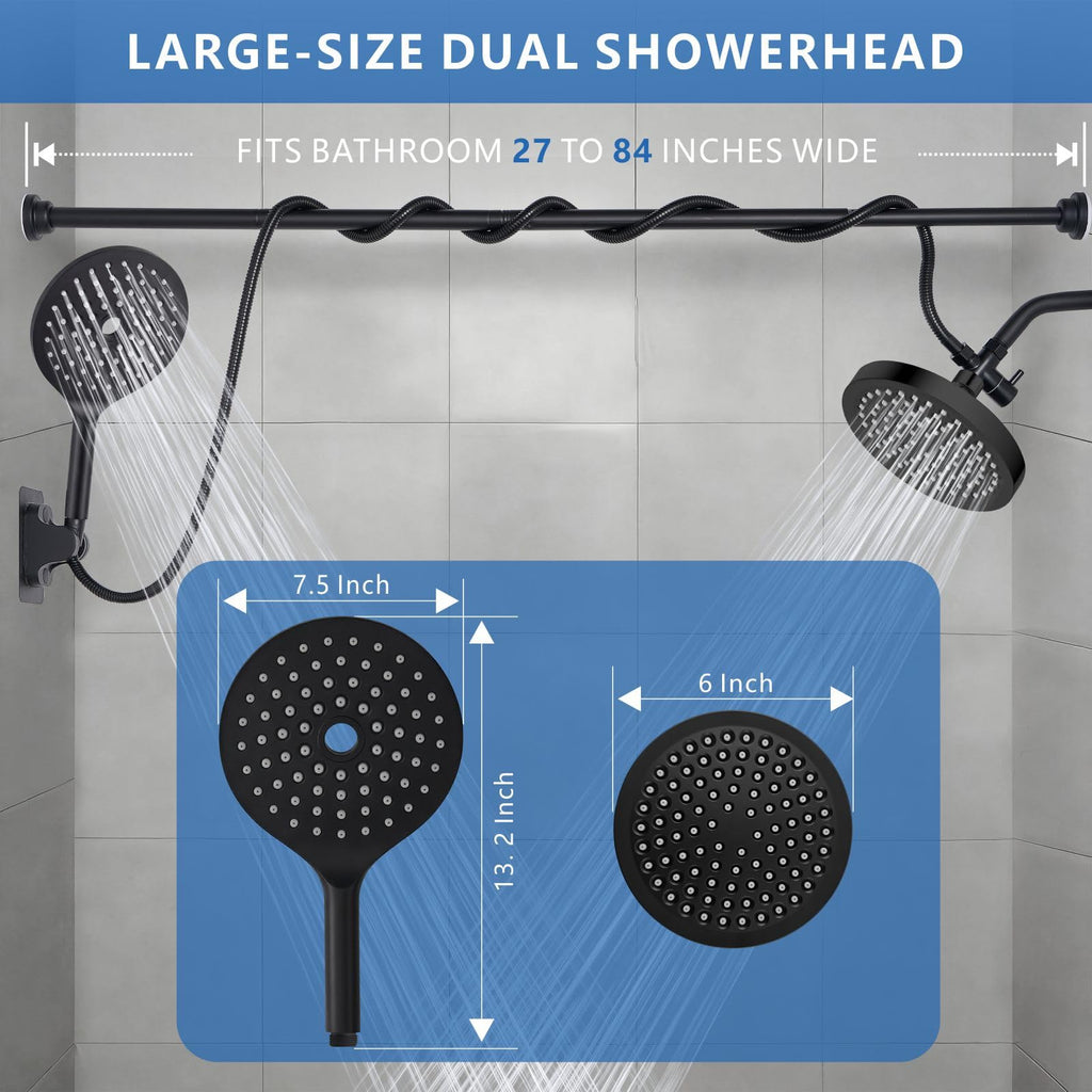 Dual Shower Head for Couples, 6" Fixed Rain Showerhead with 7.5" Large Handheld Shower Double Set, Renter-Friendly