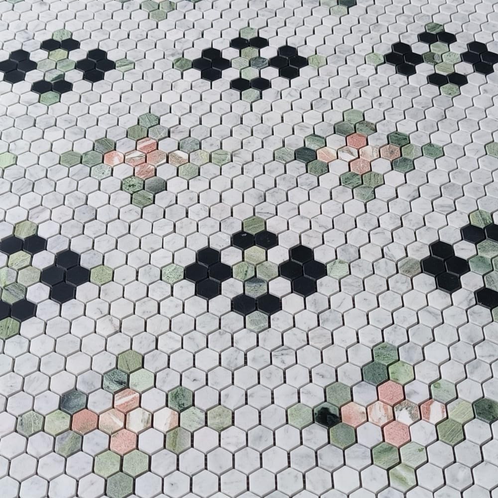 Carrara White Marble 1 inch Hexagon Starlight Mosaic Tile w/Norwegian Rose Pink Honed Kitchen Bath Wall Floor