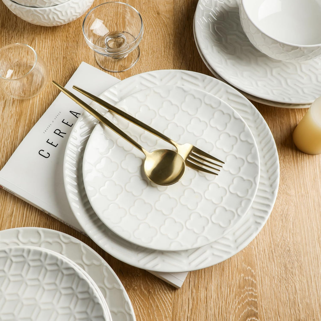 Ceramic Dinnerware Sets for 6, 18 Pieces Stoneware Plates and Bowls Sets, Embossed Scratch Resistant Dinner Set