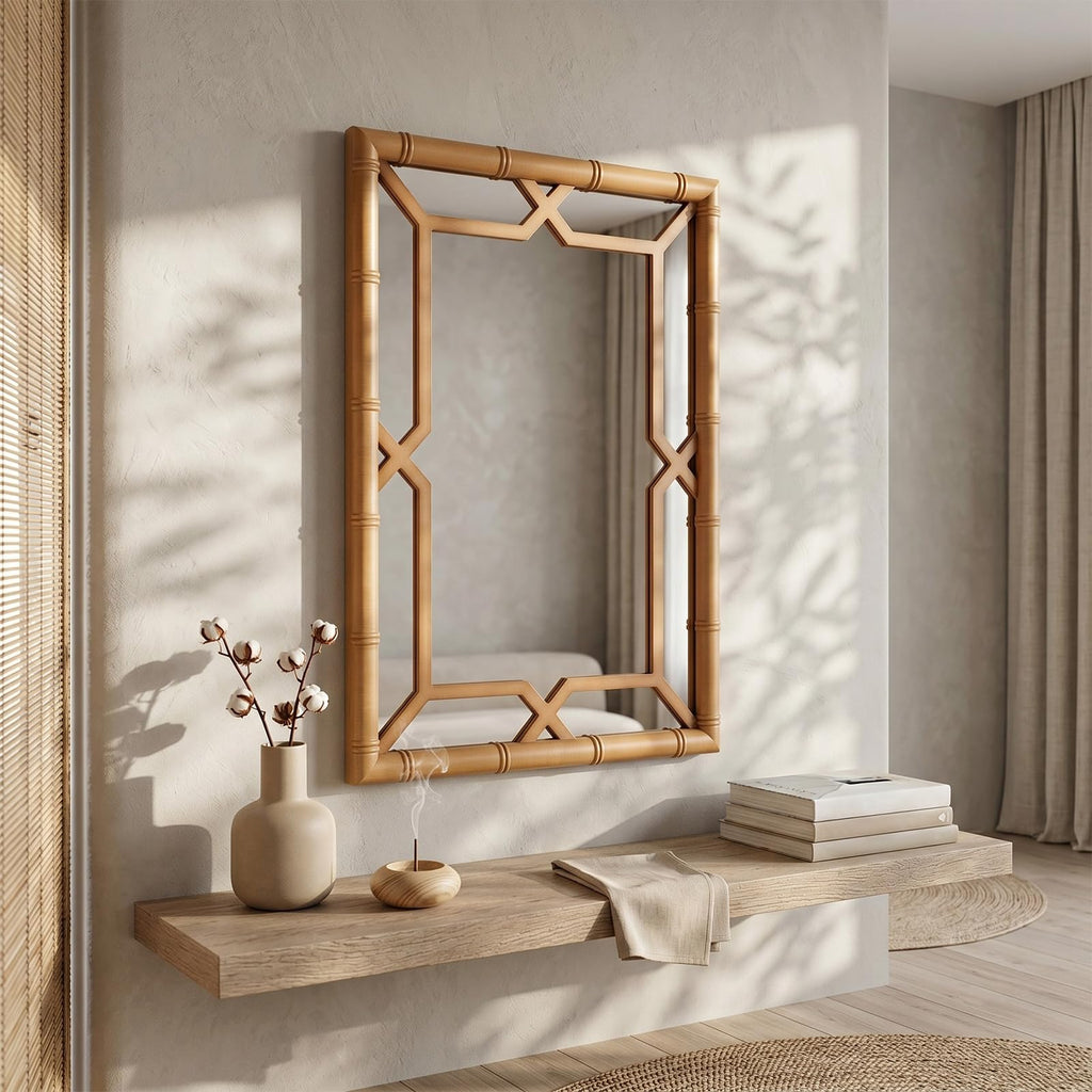Bamboo-Look Frame Wall Mirror Decor, 23" ×31", Natural Wood