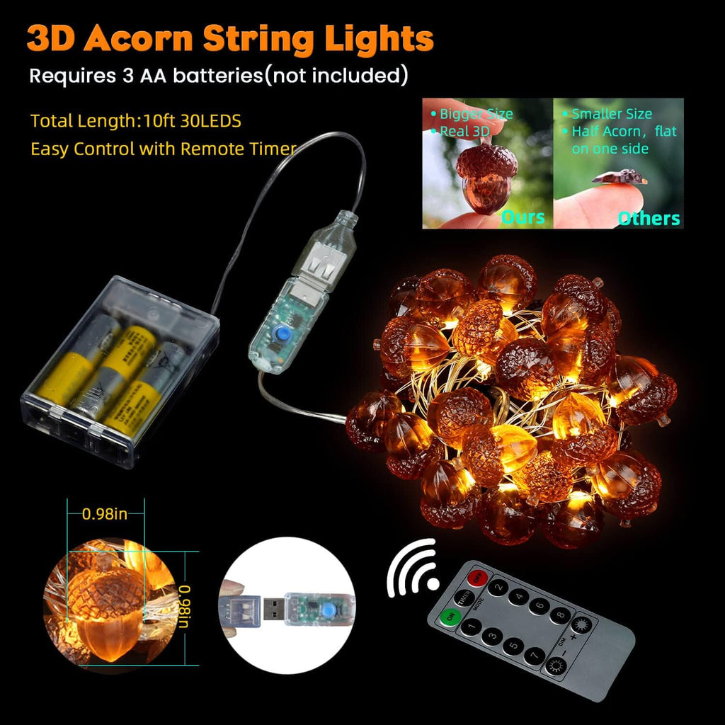 3D Twinkle Acorn Fall Decorations Harvest String Lights, Full Size Autumn Acorn 10 feet 30 LEDs USB Operated - Set of 10