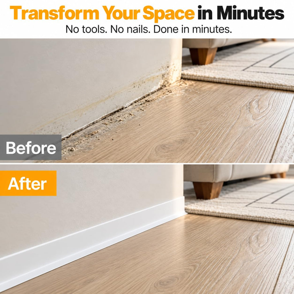 Flexible Vinyl Baseboard Trim 20 Ft, Peel and Stick Wall Base