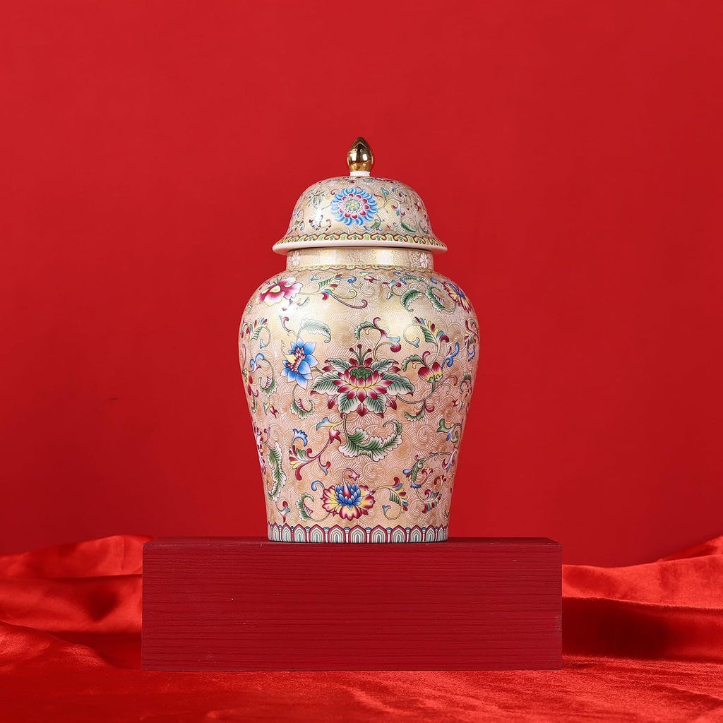 Chinoiserie Ginger Jar, Blue and White Porcelain Ceramic Vase with Gold Colorful Floral Design, 8" Decorative Ginger