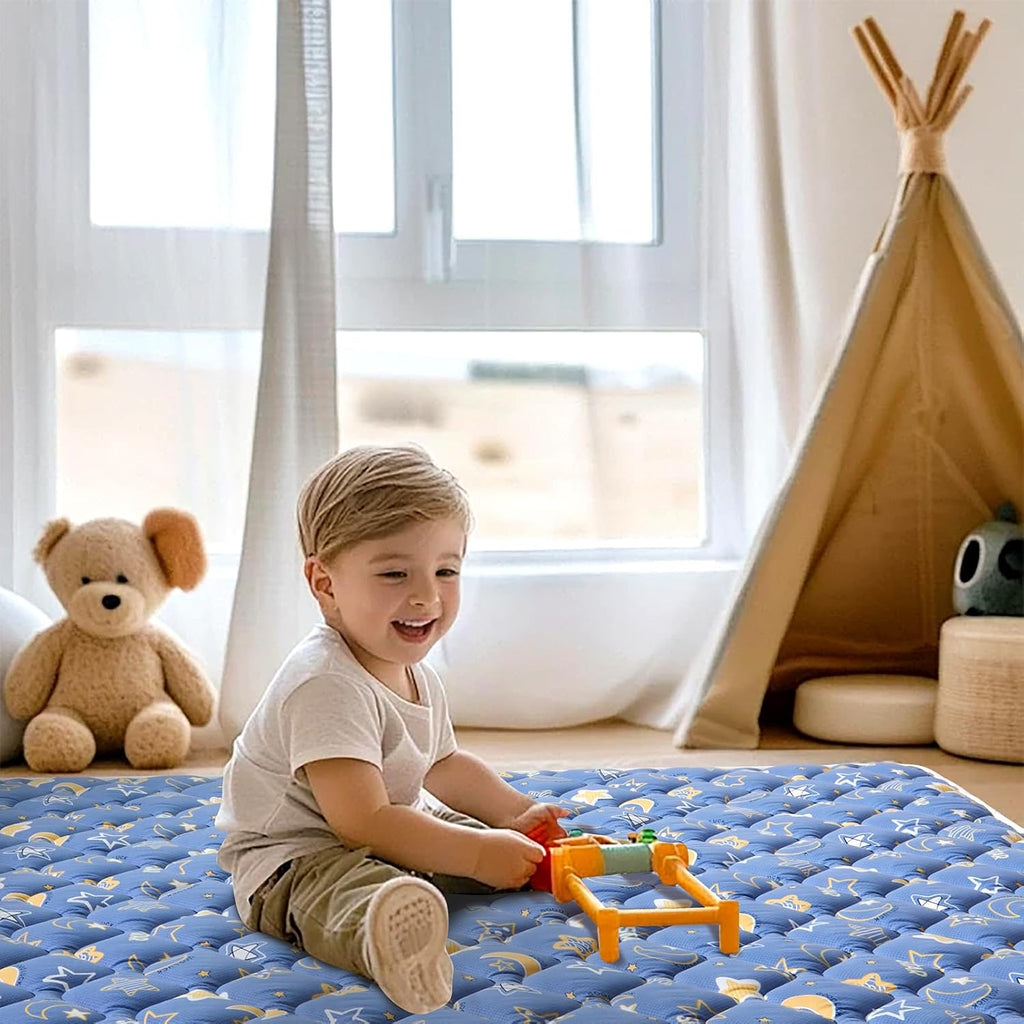 79" x 59" Foldable Baby Play Mat, Odorless Premium Foam Microfiber Floor Mat, Hypoallergenic Non‐Slip Washable