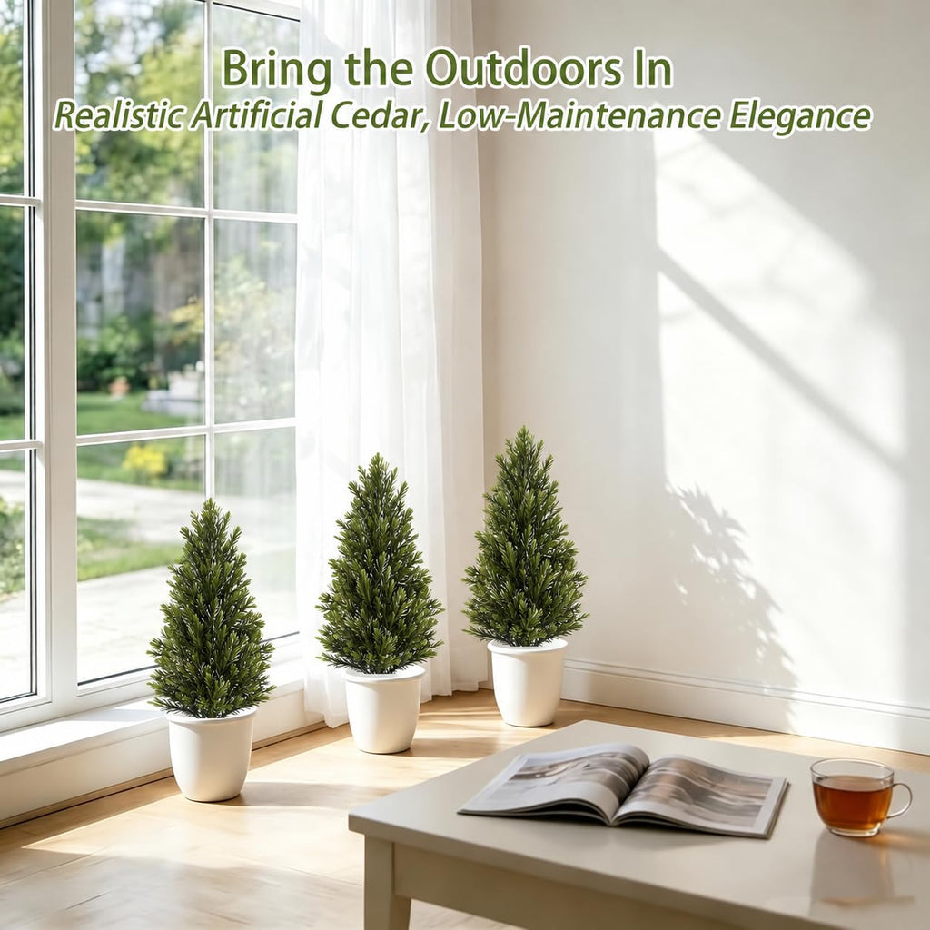 4 Pack Artificial Cedar Topiary Trees Plants Outdoor, 20" Faux Evergreen Pine Shrubs & Fake Bushes with Spikes, UV