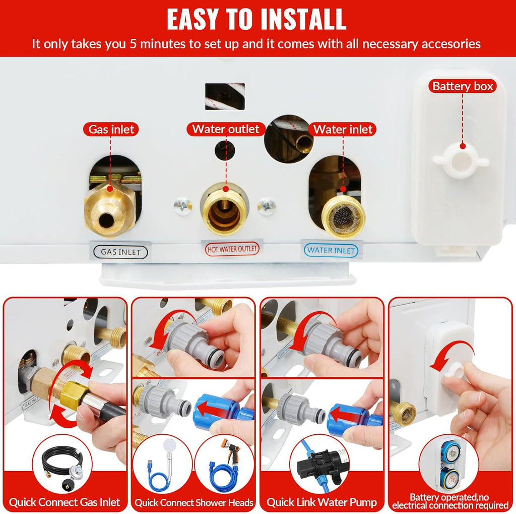 Tankless Water Heater Propane, 3.18GPM 12L Outdoor Portable water heater, with 2 GPM Water Pump