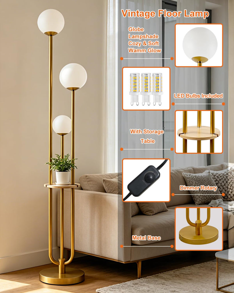 63IN Dimmable Gold Floor Lamp with Shelf Mid Century Standing Lamps with 3000K Bulbs Included Modern Globe Floor Lamp