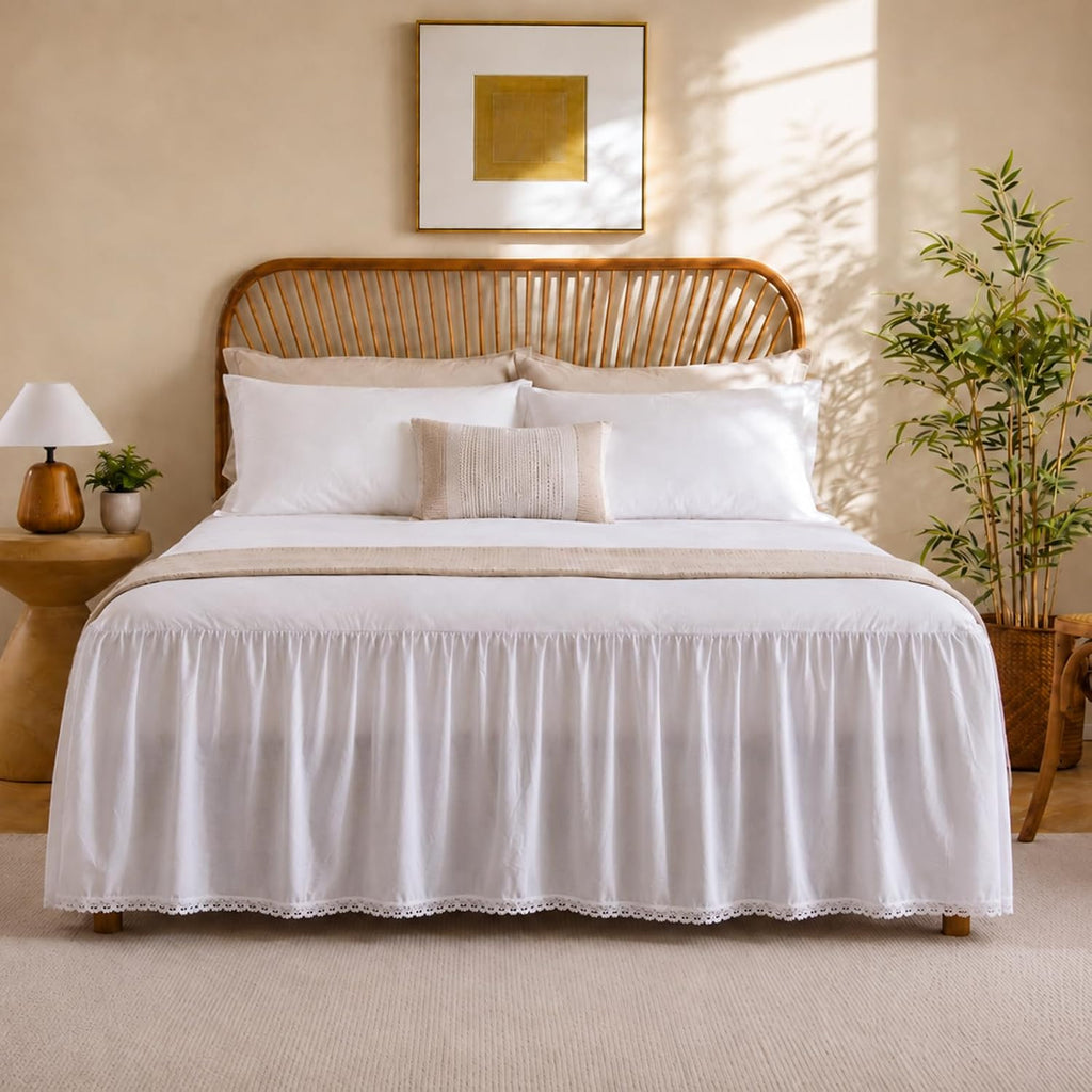 White Bed Skirt King, 14-Inch Drop, 100% Cotton, Split Corners | Crochet trim dust ruffle in lightweight cotton;