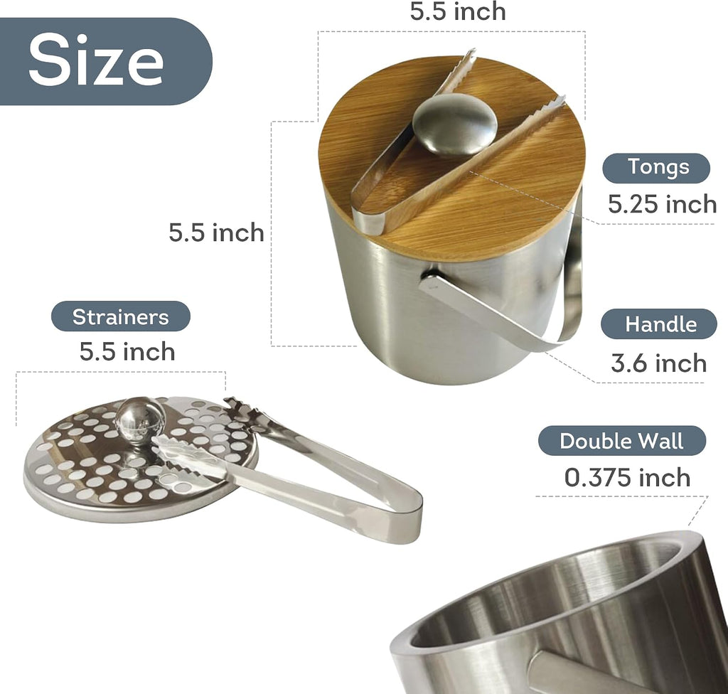 Double Wall Insulated Small Ice Bucket with Bamboo Lid - Stainless Steel Ice Holder with Tongs and Strainer