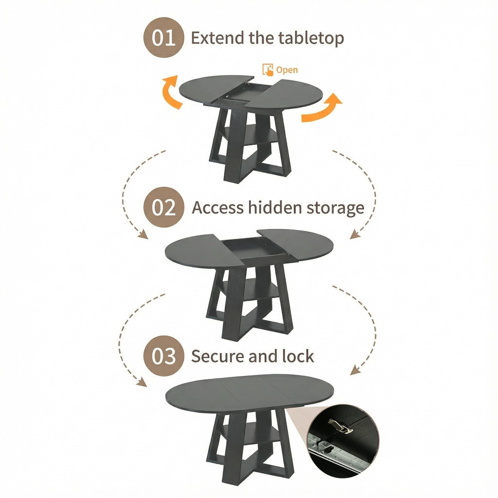 Round Extendable Dining Table Set for 6, 43"-59" Black Expandable Kitchen Table with 6 Black Velvet Tufted Chairs