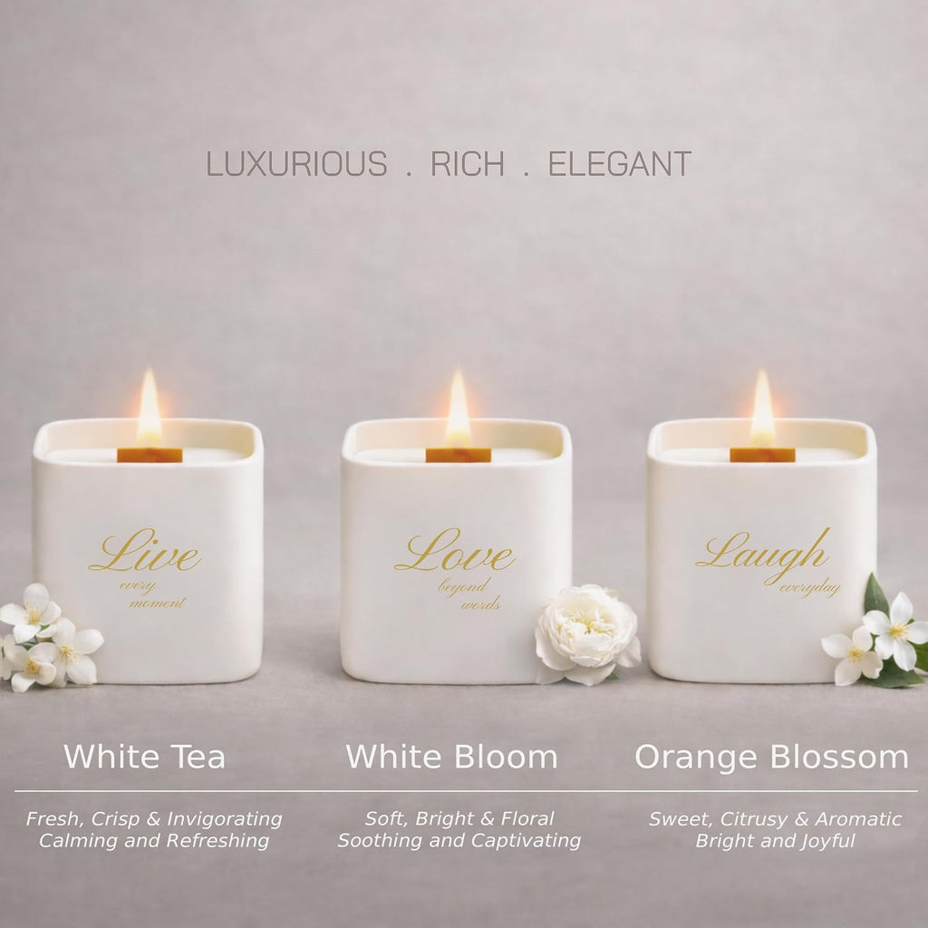 Set of 3 Premium Scented Soy Candles Gift Set | One Life Collection - Orange Blossom, White Tea & White Bloom |