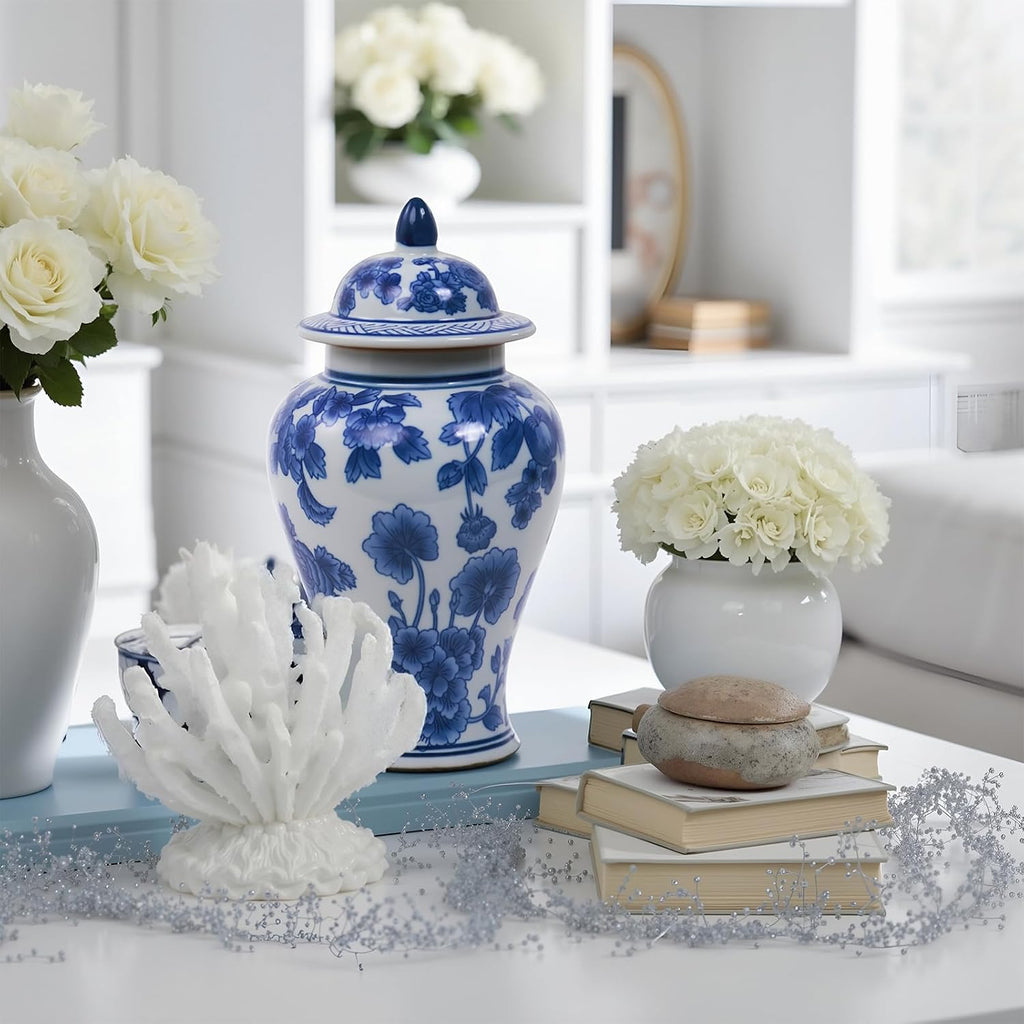 11′′ Blue & White Ginger Jar with Lid Classic Peony Home Decor Aesthetic