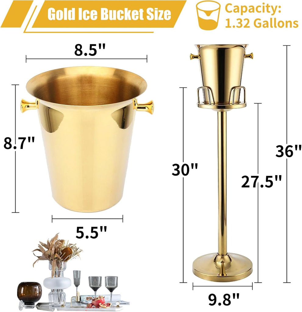 Gold Ice Bucket with Stand, large Champagne Ice Bucket 1.32 gal, Stainless Steel Ice Bucket, 3Ft Tall Ice Bucket