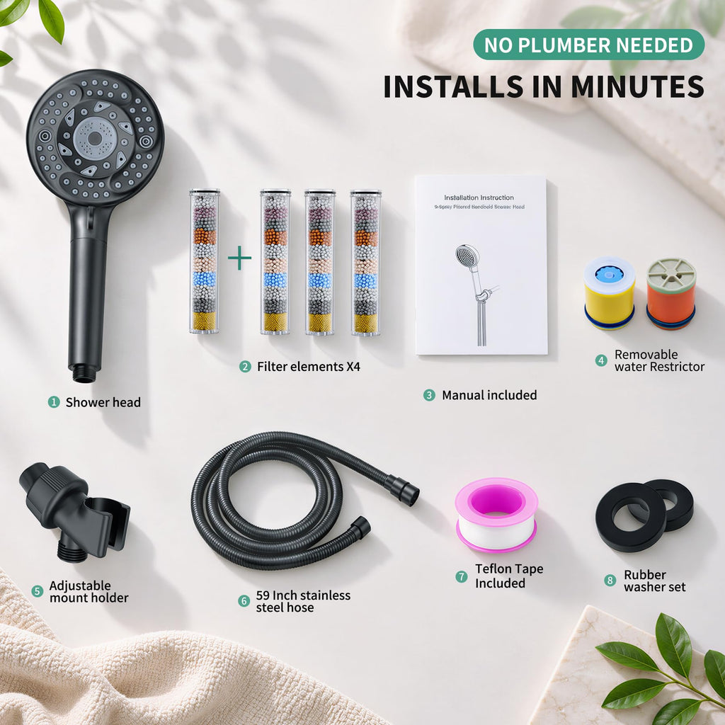 High Pressure Filtered Handheld Shower Head, Black, 4 Filters