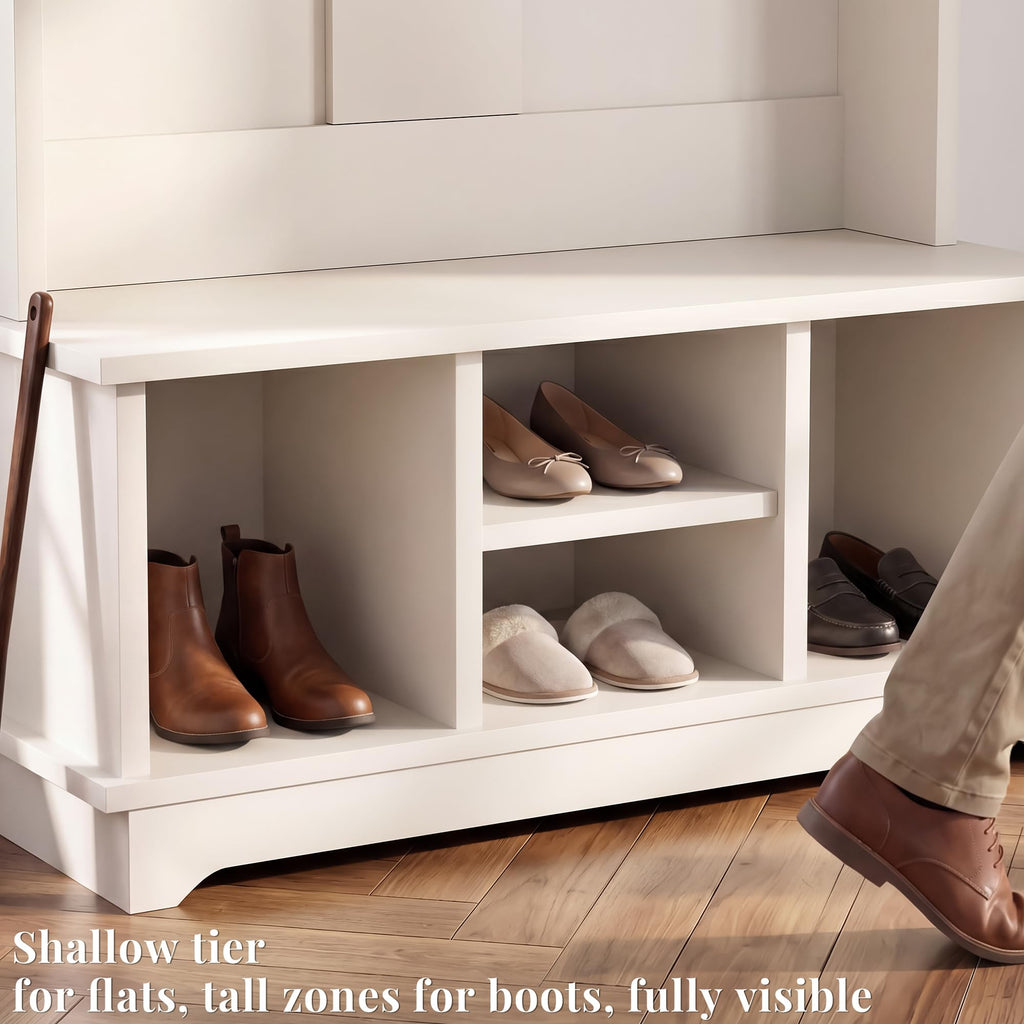 71" Hall Tree with Bench and Shoe Storage, Wood Entryway Coat Rack, White